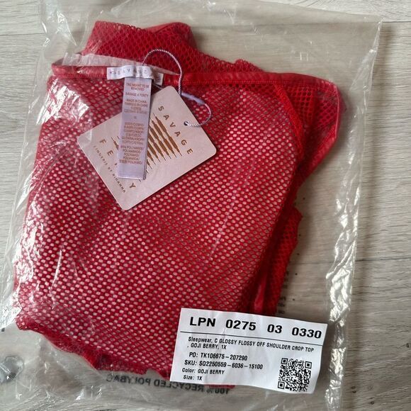 Savage X Fenty Glossy Flossy Fishnet Off Shoulder Crop Top Goji Berry 1X NWT - Picture 5 of 7